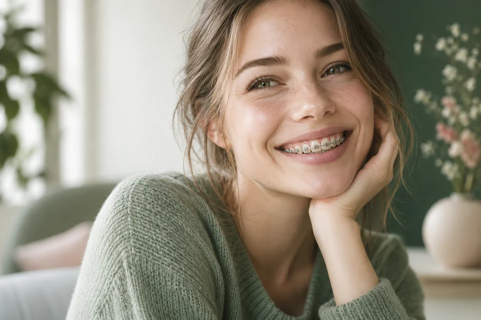 Mujer joven sonriendo con brackets metálicos