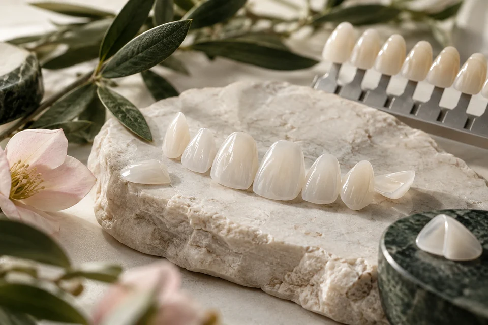 Carillas cerámicas y guía de tonos dentales sobre una base de piedra clara