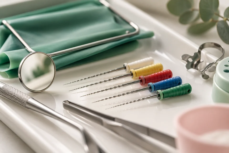Limas de endodoncia con mangos de colores y espejo dental