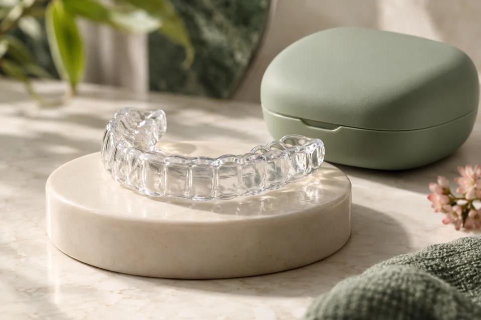 Férula dental transparente junto a su estuche verde