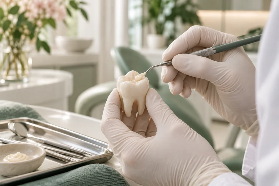Manos con guantes trabajando sobre un modelo de molar