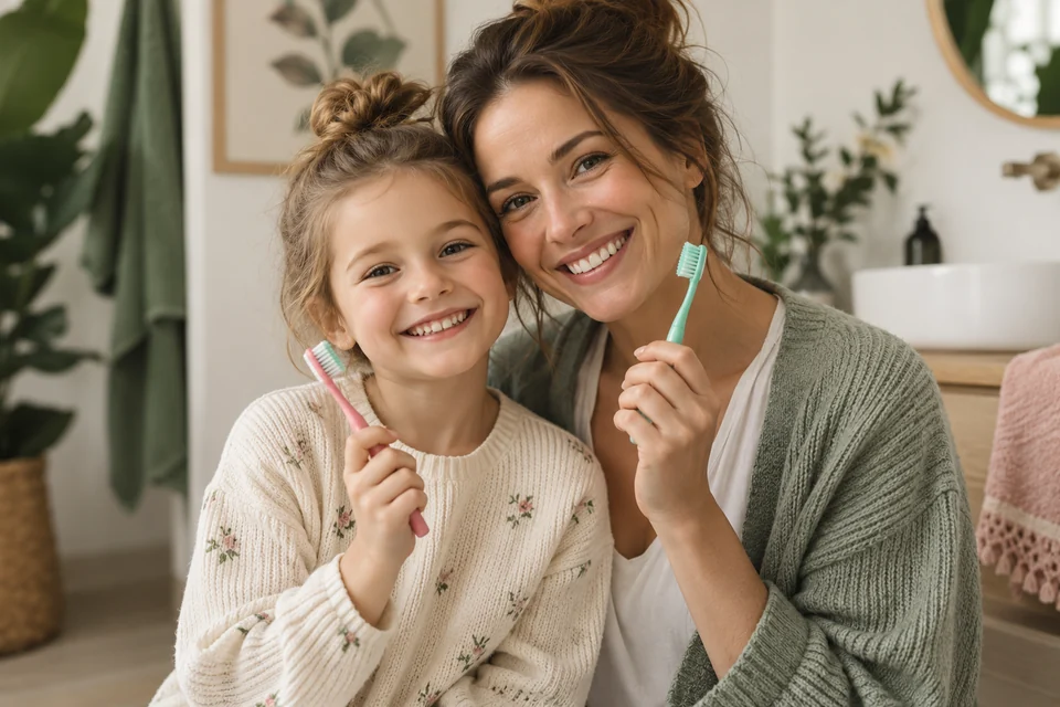 Madre e hija sonriendo con un cepillo de dientes infantil