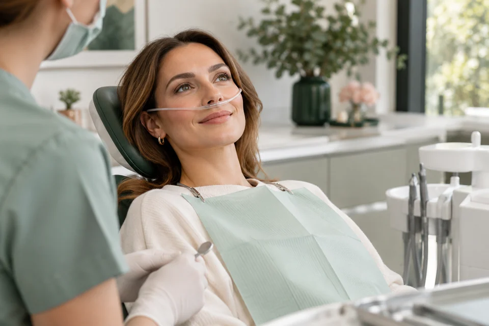 Imagen ilustrativa de una mujer relajada en un sillón dental con cánula nasal
