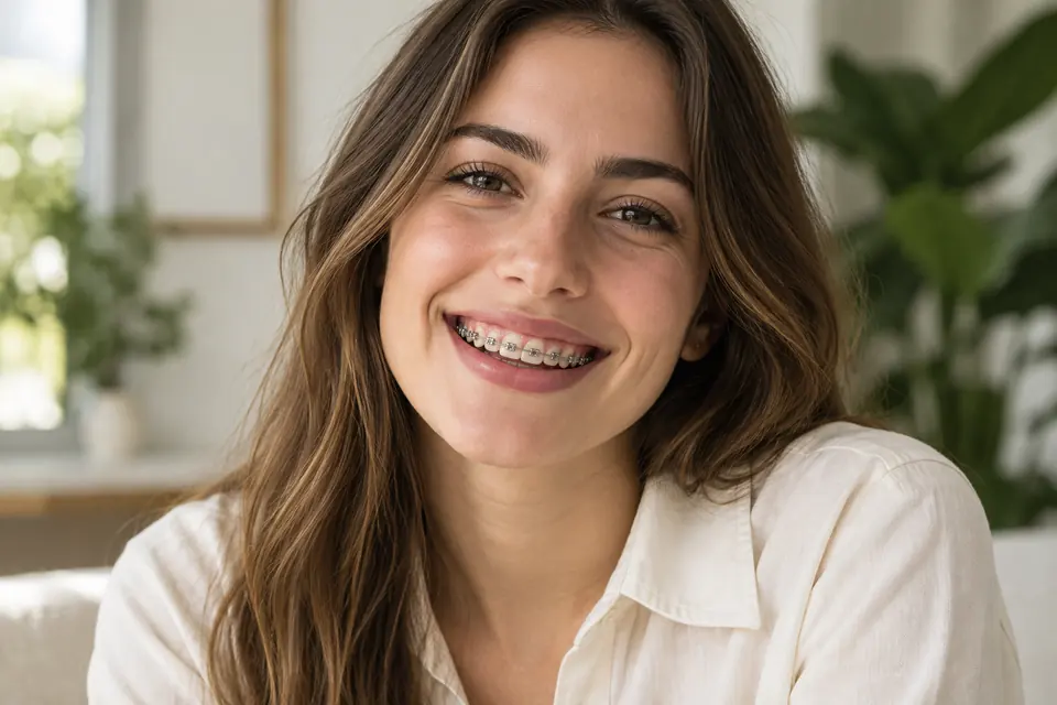 Mujer joven sonríe mostrando brackets metálicos.