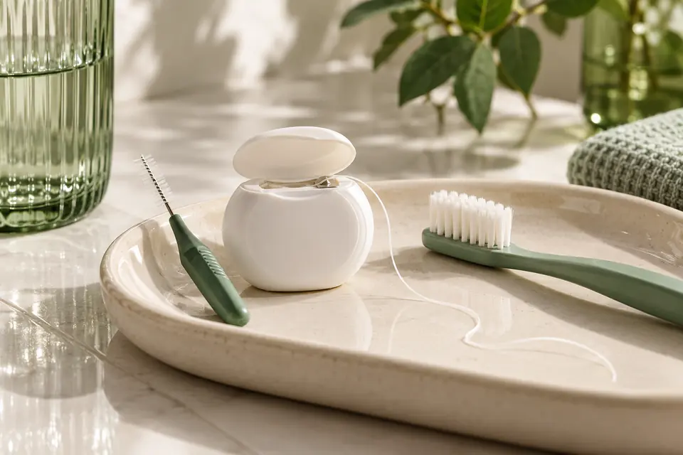 Cepillo interdental, hilo dental y cepillo sobre una bandeja clara.