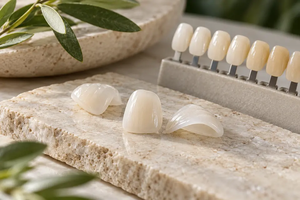 Muestras de color dental y carillas sobre una superficie de piedra clara.