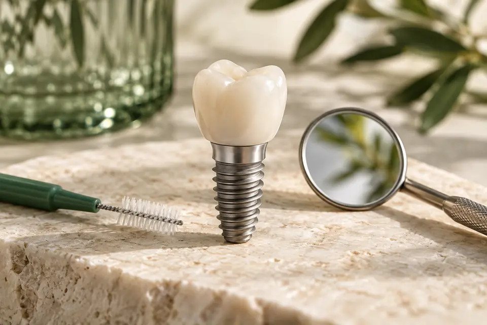 Modelo de un implante con corona junto a un espejo dental.