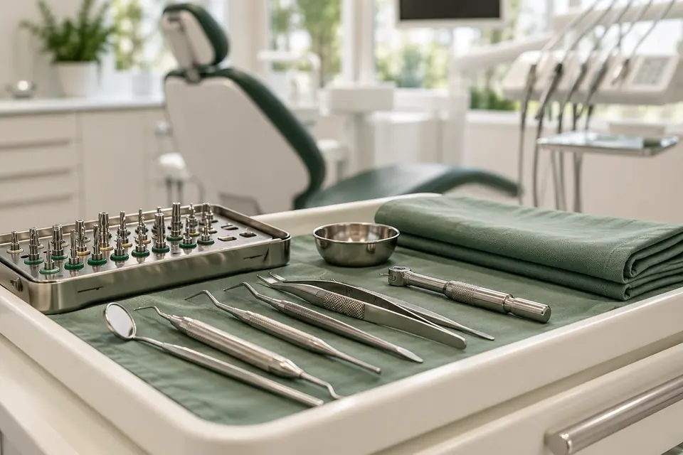 Bandeja de instrumental para implantología en un gabinete dental.