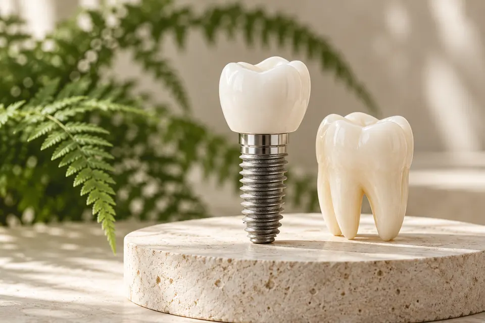 Modelo de un implante dental y un molar sobre una base de piedra.