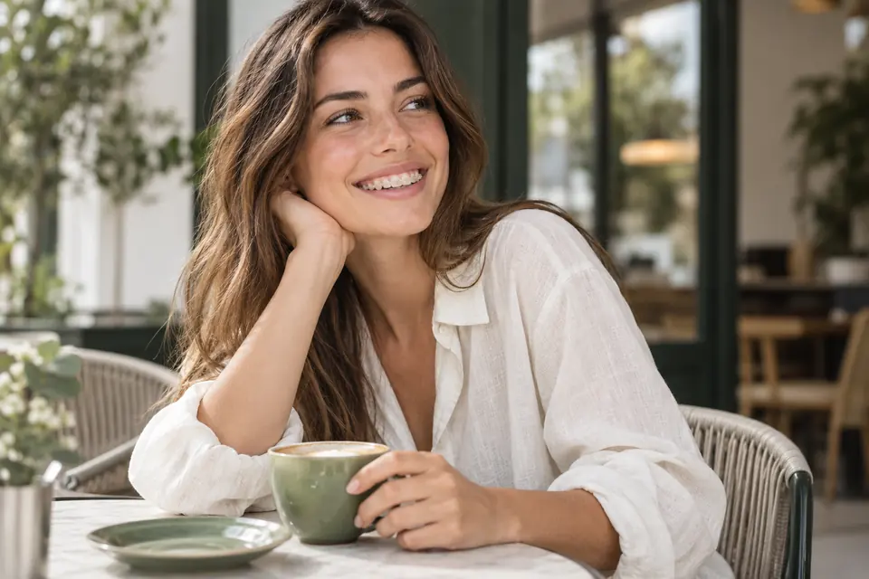Mujer con brackets sonríe sentada en una cafetería.