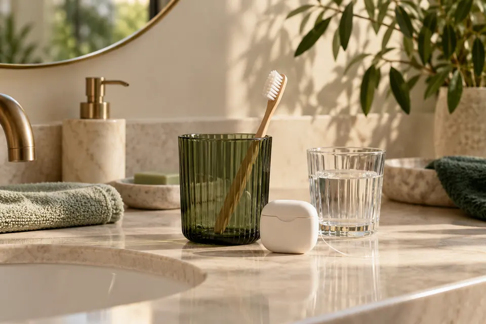 Cepillo, hilo dental y vaso de agua junto al lavabo.